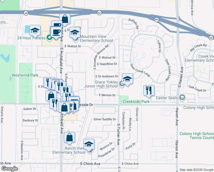 map of restaurants, bars, coffee shops, grocery stores, and more near 2854 South Peachtree Place in Ontario