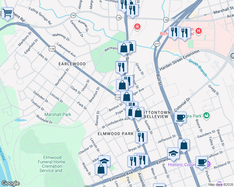 map of restaurants, bars, coffee shops, grocery stores, and more near 2650 River Drive in Columbia