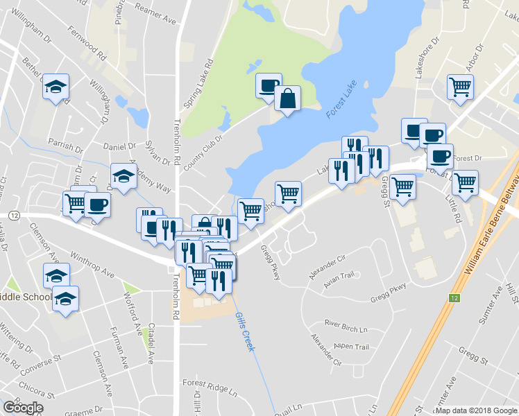 map of restaurants, bars, coffee shops, grocery stores, and more near 5035 Lakeshore Drive in Columbia