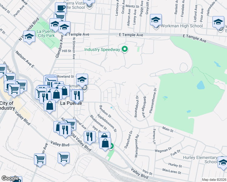 map of restaurants, bars, coffee shops, grocery stores, and more near 146 Buckeye Street in La Puente