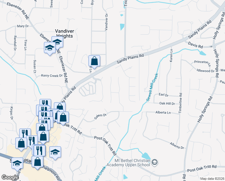 map of restaurants, bars, coffee shops, grocery stores, and more near 2985 Sloans Way in Marietta