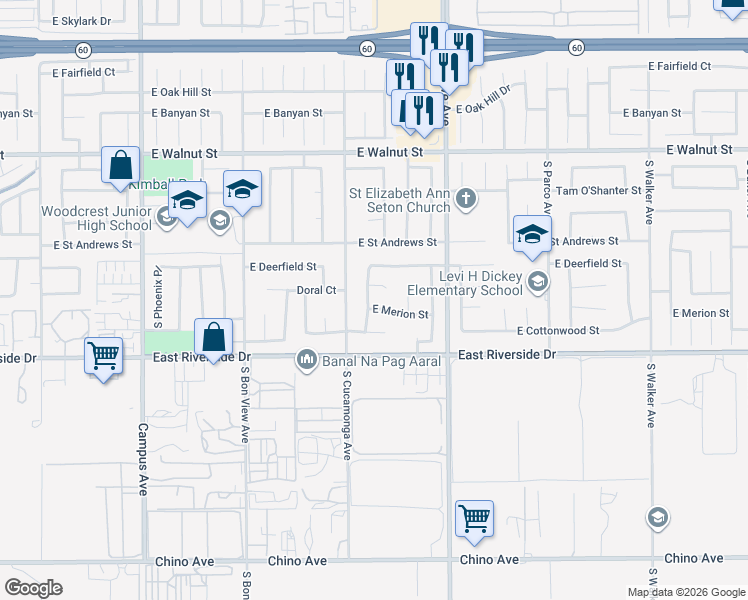 map of restaurants, bars, coffee shops, grocery stores, and more near 2851 S Marigold Ave in Ontario