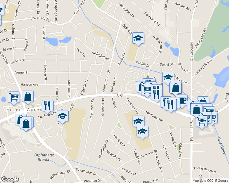 map of restaurants, bars, coffee shops, grocery stores, and more near 1612 Rutland Court in Columbia