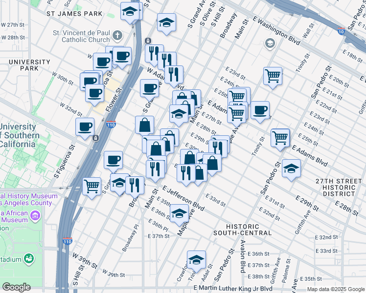 map of restaurants, bars, coffee shops, grocery stores, and more near 3004 South Main Street in Los Angeles