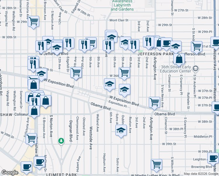 map of restaurants, bars, coffee shops, grocery stores, and more near 3650 7th Avenue in Los Angeles