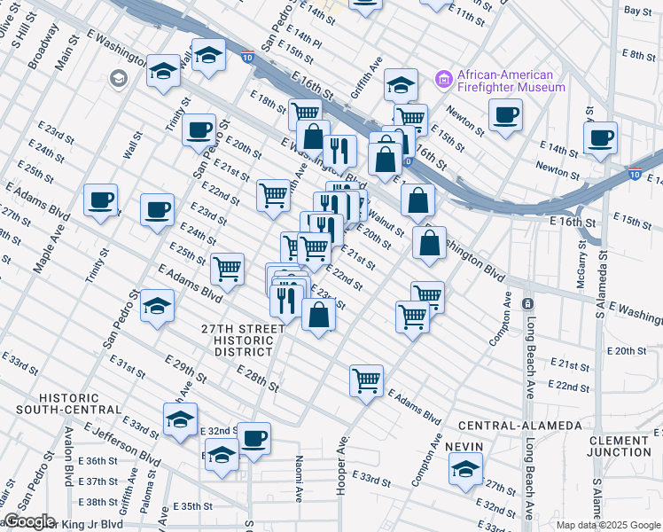map of restaurants, bars, coffee shops, grocery stores, and more near 1313 East 22nd Street in Los Angeles