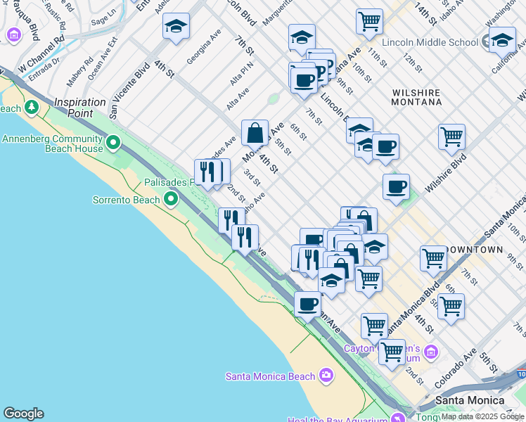 map of restaurants, bars, coffee shops, grocery stores, and more near 917 2nd Street in Santa Monica