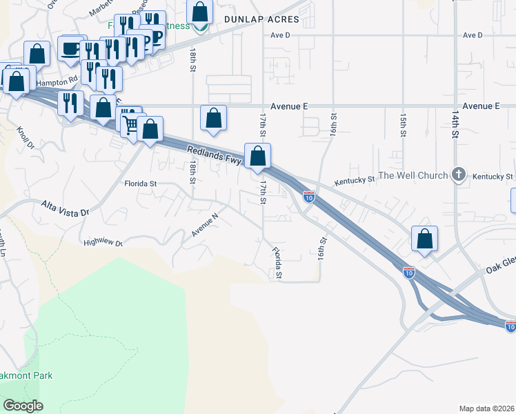 map of restaurants, bars, coffee shops, grocery stores, and more near 12788 17th Street in Redlands