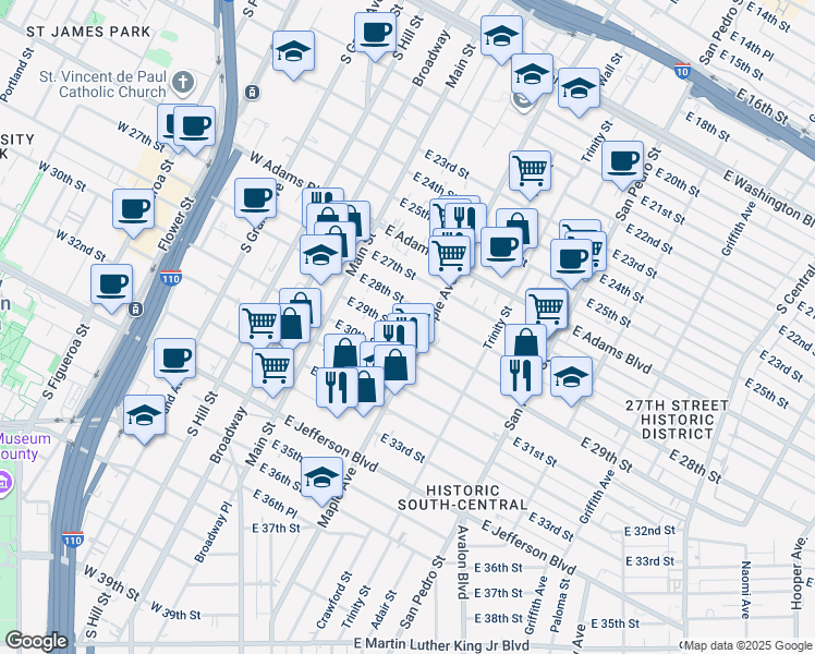 map of restaurants, bars, coffee shops, grocery stores, and more near 249 East 29th Street in Los Angeles