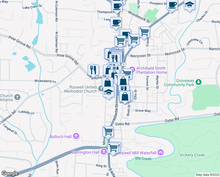 map of restaurants, bars, coffee shops, grocery stores, and more near 16 Ramsey Street in Roswell