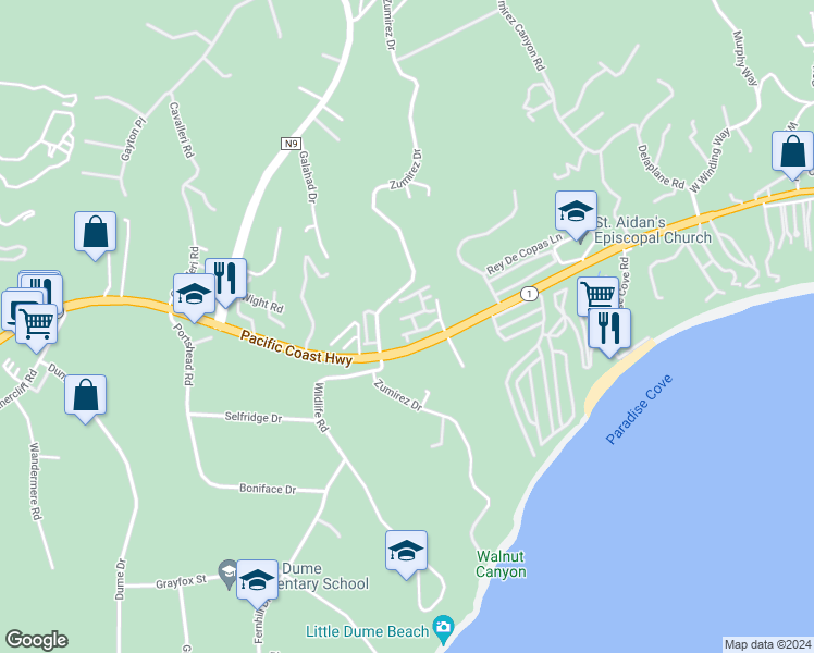 map of restaurants, bars, coffee shops, grocery stores, and more near 6481 Zuma View Place in Malibu
