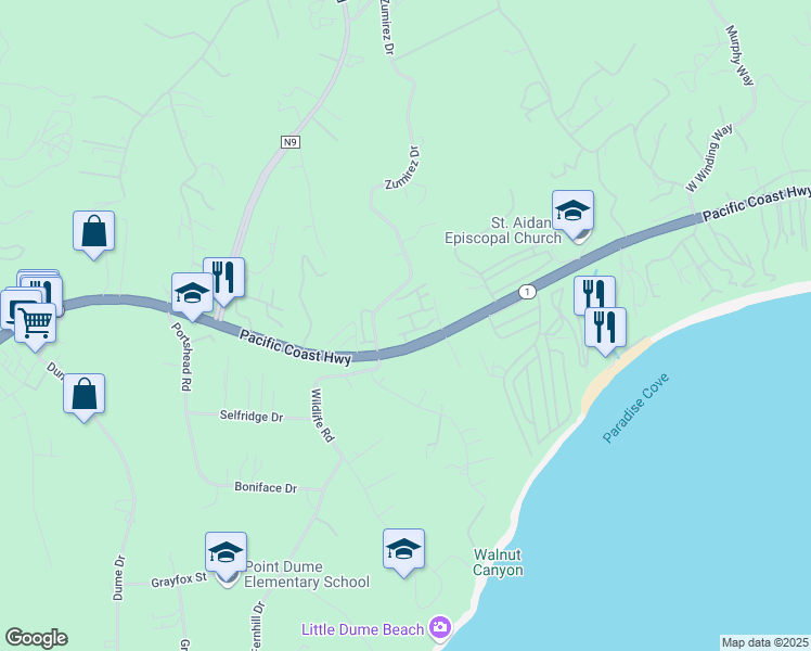 map of restaurants, bars, coffee shops, grocery stores, and more near 6481 Zuma View Place in Malibu