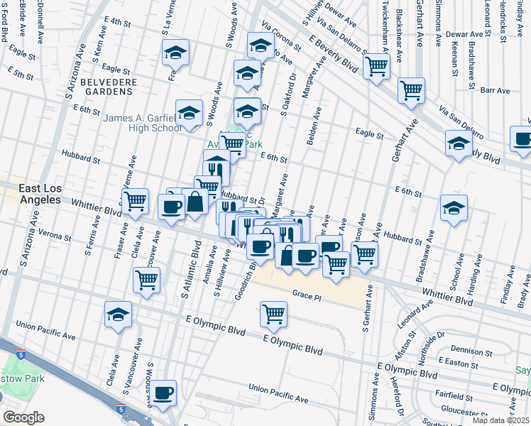 map of restaurants, bars, coffee shops, grocery stores, and more near 714 South Oakford Drive in Los Angeles