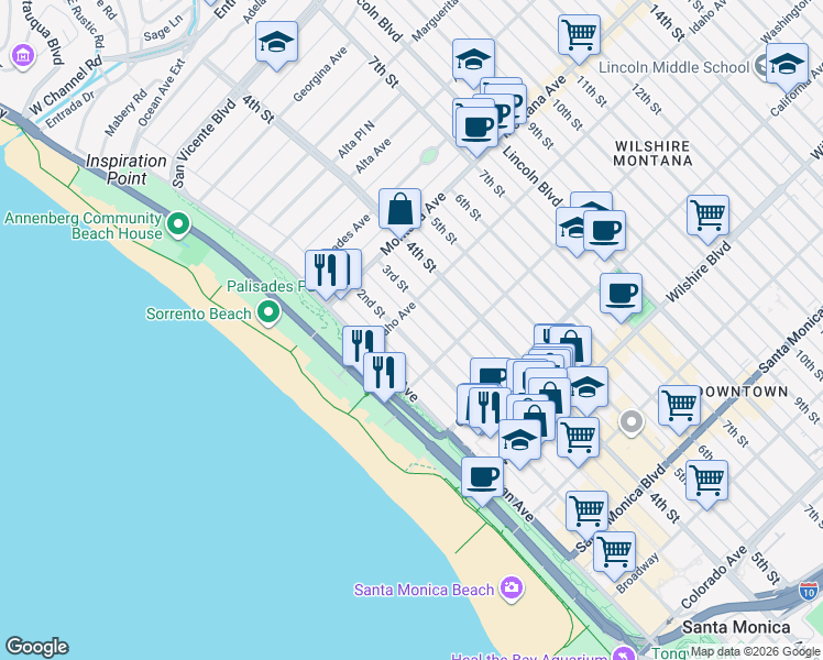 map of restaurants, bars, coffee shops, grocery stores, and more near 917 2nd Street in Santa Monica