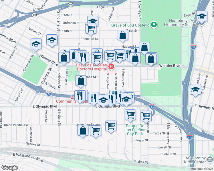 map of restaurants, bars, coffee shops, grocery stores, and more near 1043 South Gage Avenue in Los Angeles