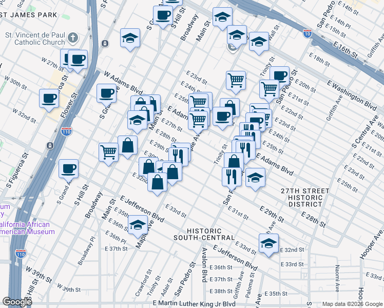 map of restaurants, bars, coffee shops, grocery stores, and more near 2808 Maple Avenue in Los Angeles