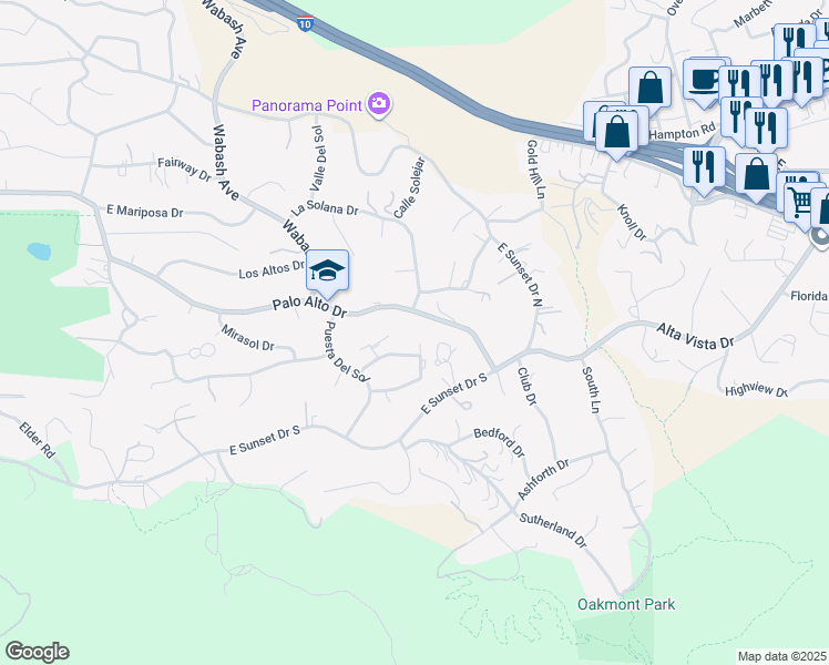 map of restaurants, bars, coffee shops, grocery stores, and more near 30892 Alta Mira Drive in Redlands