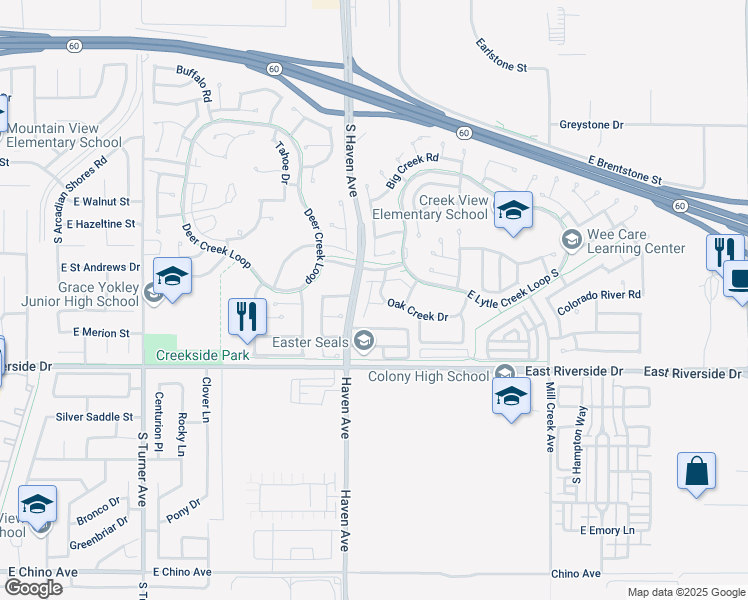 map of restaurants, bars, coffee shops, grocery stores, and more near 2818 Oak Creek Drive in Ontario