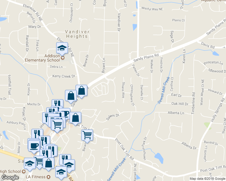 map of restaurants, bars, coffee shops, grocery stores, and more near 2733 Harper Woods Drive in Marietta