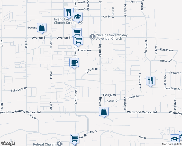 map of restaurants, bars, coffee shops, grocery stores, and more near 35224 Vineyard Street in Yucaipa