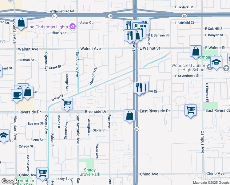 map of restaurants, bars, coffee shops, grocery stores, and more near 2882 South Via Belamaria in Ontario