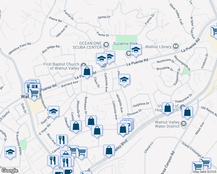 map of restaurants, bars, coffee shops, grocery stores, and more near 428 Carbonia Avenue in Walnut