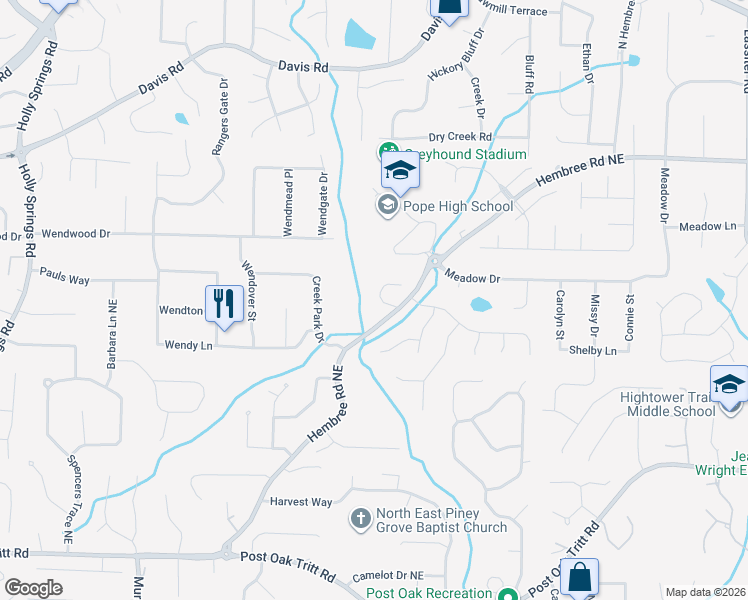 map of restaurants, bars, coffee shops, grocery stores, and more near 2921 Ansley Manor Court in Marietta