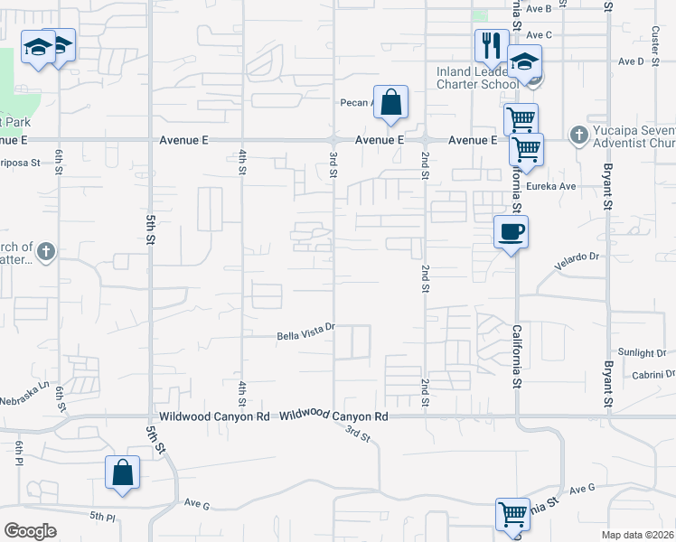 map of restaurants, bars, coffee shops, grocery stores, and more near 12797 3rd Street in Yucaipa