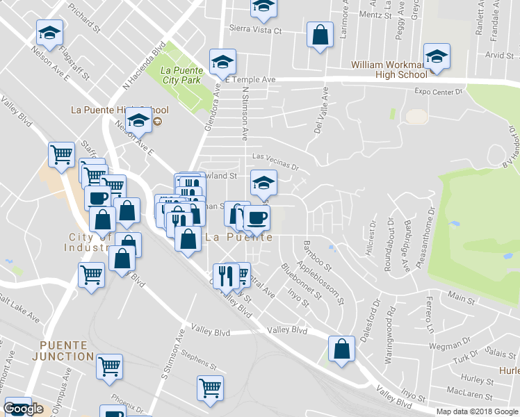 map of restaurants, bars, coffee shops, grocery stores, and more near 145 North 5th Street in La Puente