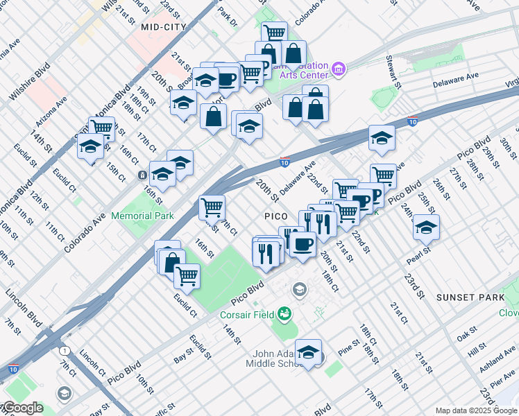 map of restaurants, bars, coffee shops, grocery stores, and more near 1843 19th Street in Santa Monica