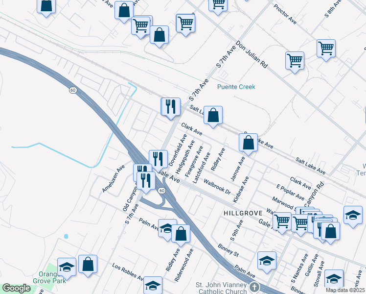 map of restaurants, bars, coffee shops, grocery stores, and more near 950 Doverfield Avenue in Hacienda Heights