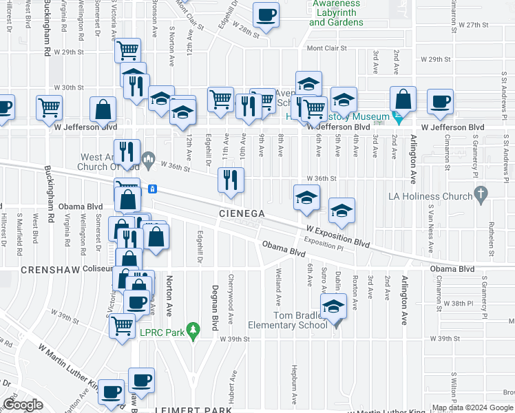 map of restaurants, bars, coffee shops, grocery stores, and more near 3649 9th Avenue in Los Angeles