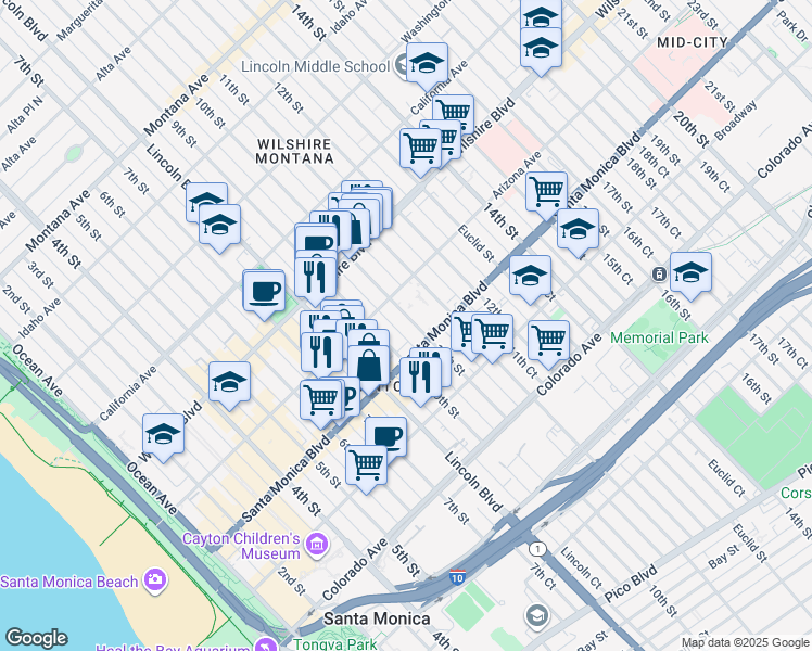 map of restaurants, bars, coffee shops, grocery stores, and more near 1321 9th Court in Santa Monica