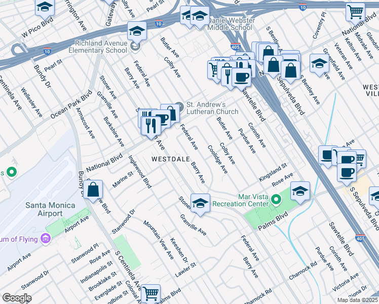 map of restaurants, bars, coffee shops, grocery stores, and more near 3142 Barry Avenue in Los Angeles