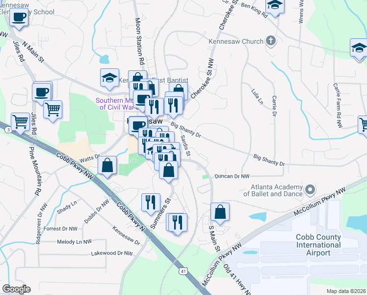map of restaurants, bars, coffee shops, grocery stores, and more near 2771 Sardis Street in Kennesaw