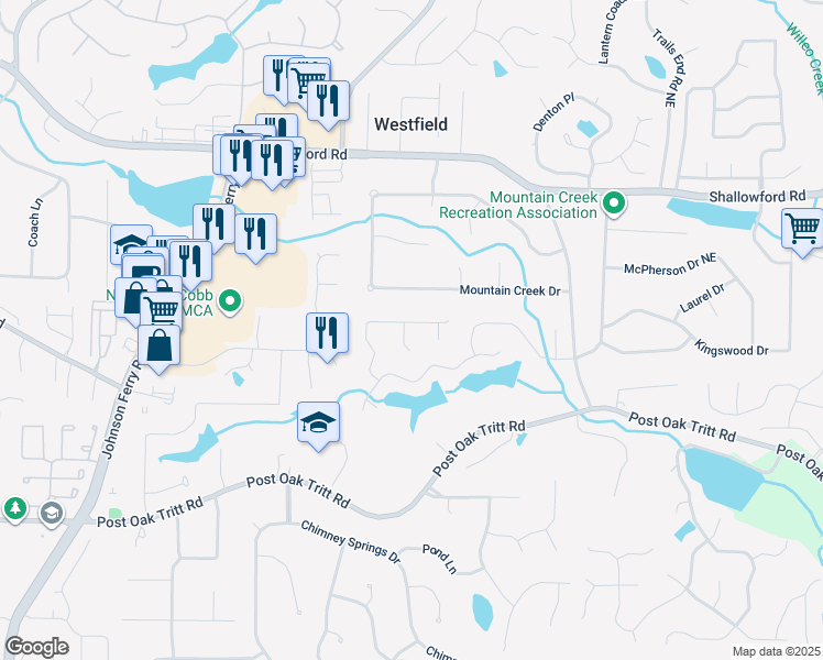 map of restaurants, bars, coffee shops, grocery stores, and more near 2999 Clary Hill Drive in Roswell