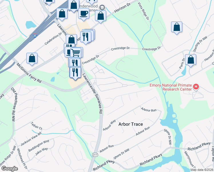 map of restaurants, bars, coffee shops, grocery stores, and more near 414 Reynoldston Way in Suwanee