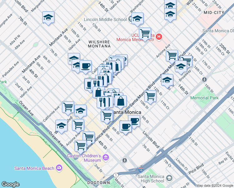 map of restaurants, bars, coffee shops, grocery stores, and more near in Santa Monica
