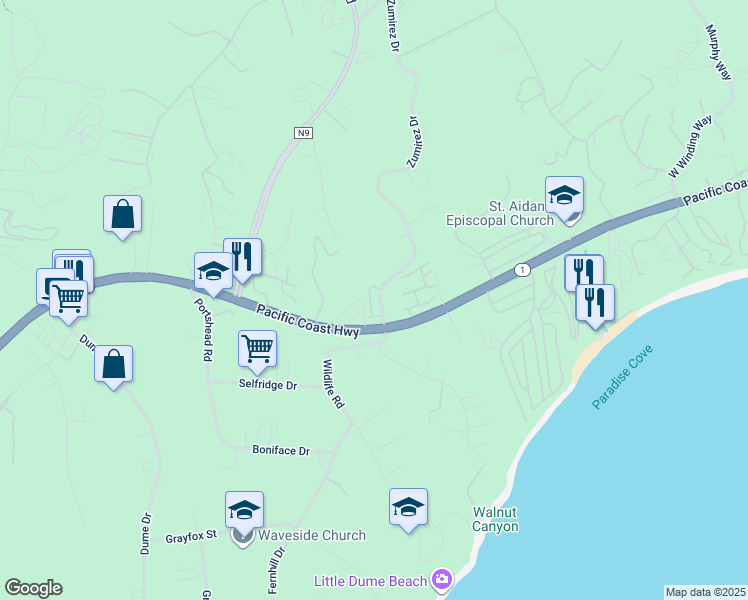 map of restaurants, bars, coffee shops, grocery stores, and more near 6435 Zumirez Drive in Malibu