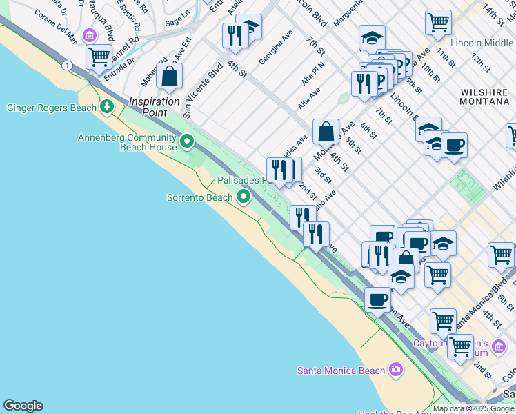 map of restaurants, bars, coffee shops, grocery stores, and more near 723 Palisades Beach Road in Santa Monica