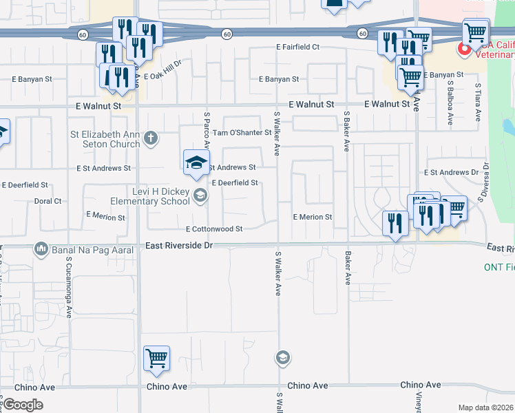 map of restaurants, bars, coffee shops, grocery stores, and more near 2860 South Lassen Avenue in Ontario