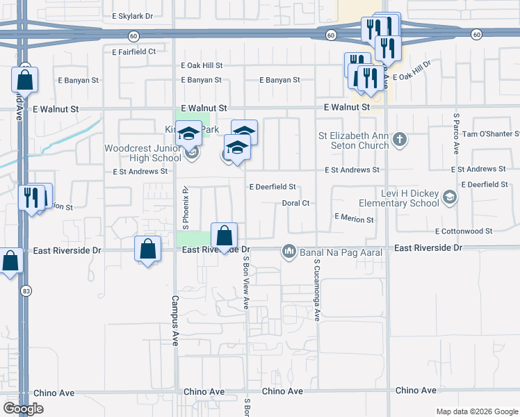 map of restaurants, bars, coffee shops, grocery stores, and more near 930 Doral Court in Ontario