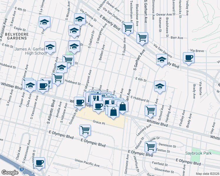 map of restaurants, bars, coffee shops, grocery stores, and more near 666 Hoefner Avenue in East Los Angeles