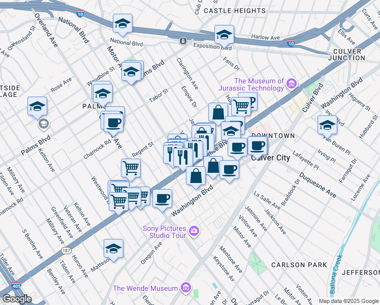 map of restaurants, bars, coffee shops, grocery stores, and more near 3760 Motor Avenue in Los Angeles