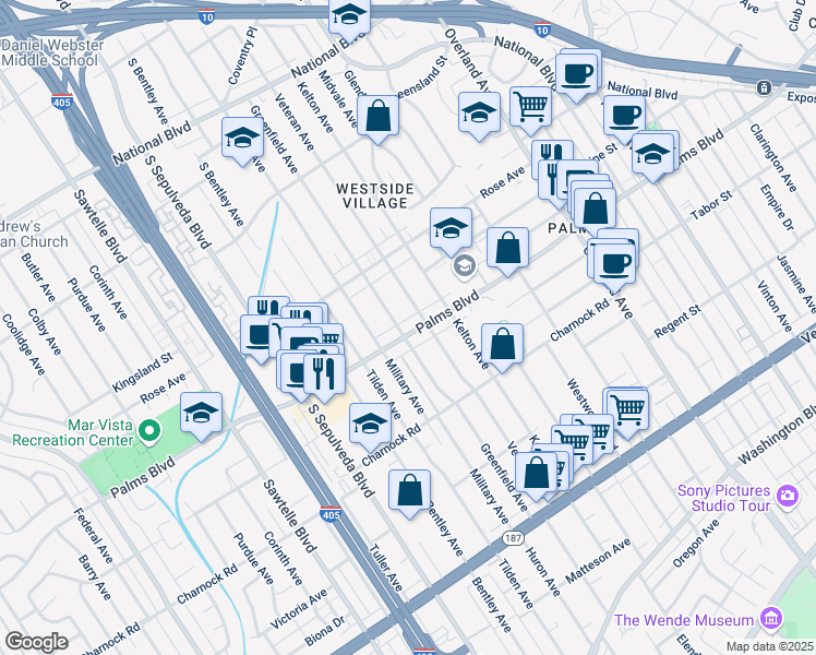 map of restaurants, bars, coffee shops, grocery stores, and more near 10930 Palms Boulevard in Los Angeles