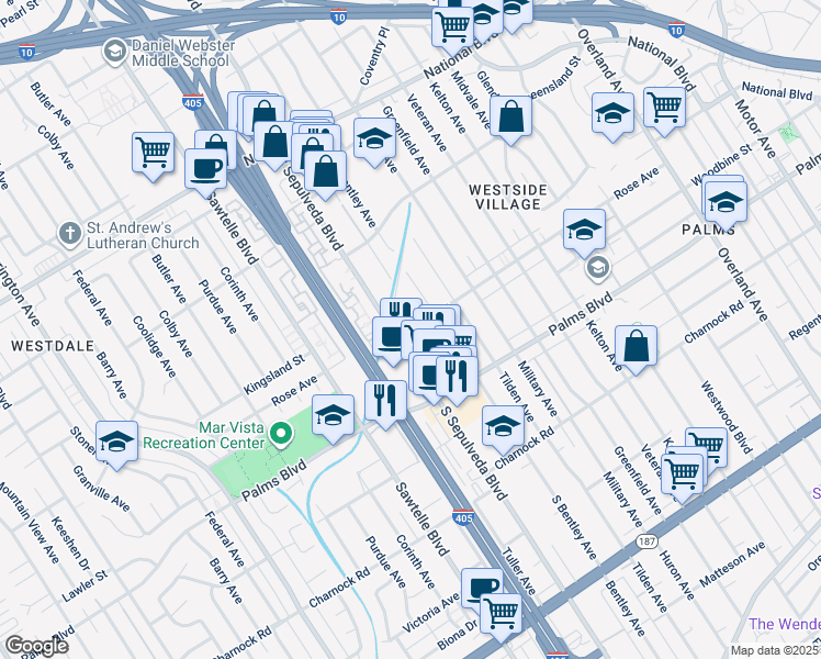 map of restaurants, bars, coffee shops, grocery stores, and more near 11140 Rose Avenue in Los Angeles