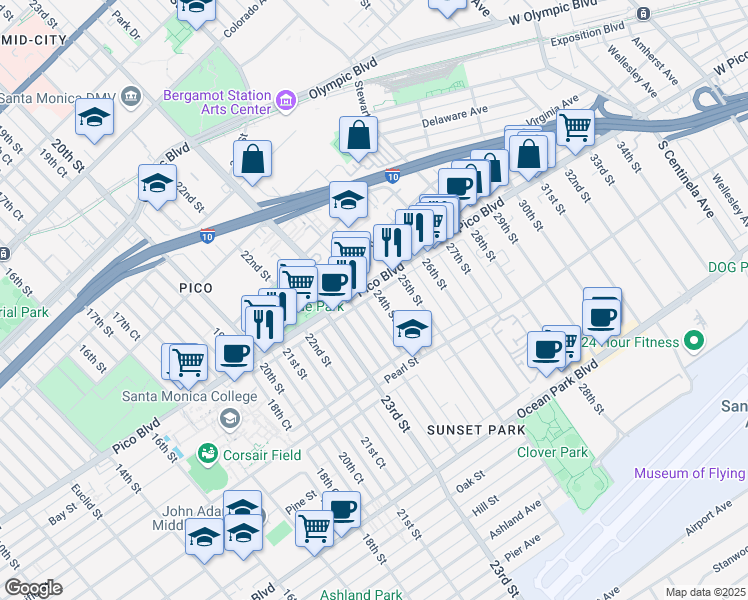 map of restaurants, bars, coffee shops, grocery stores, and more near 2223 24th Street in Santa Monica