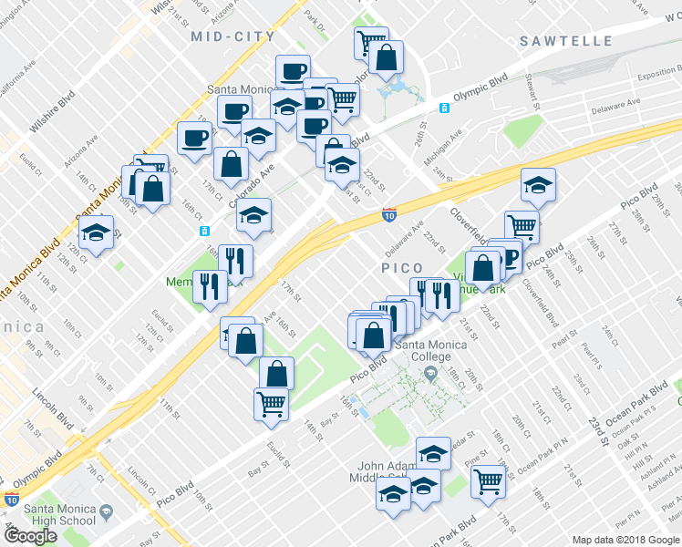 map of restaurants, bars, coffee shops, grocery stores, and more near 1818 18th Court in Santa Monica