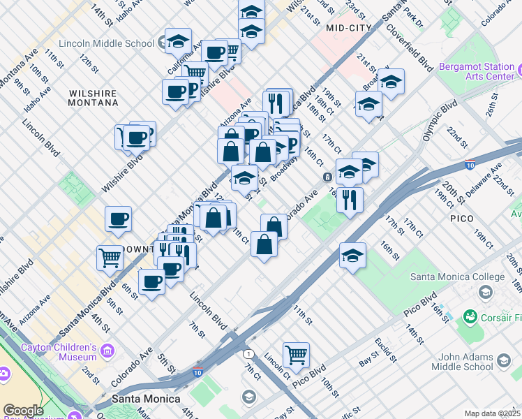 map of restaurants, bars, coffee shops, grocery stores, and more near 1512 Euclid Street in Santa Monica