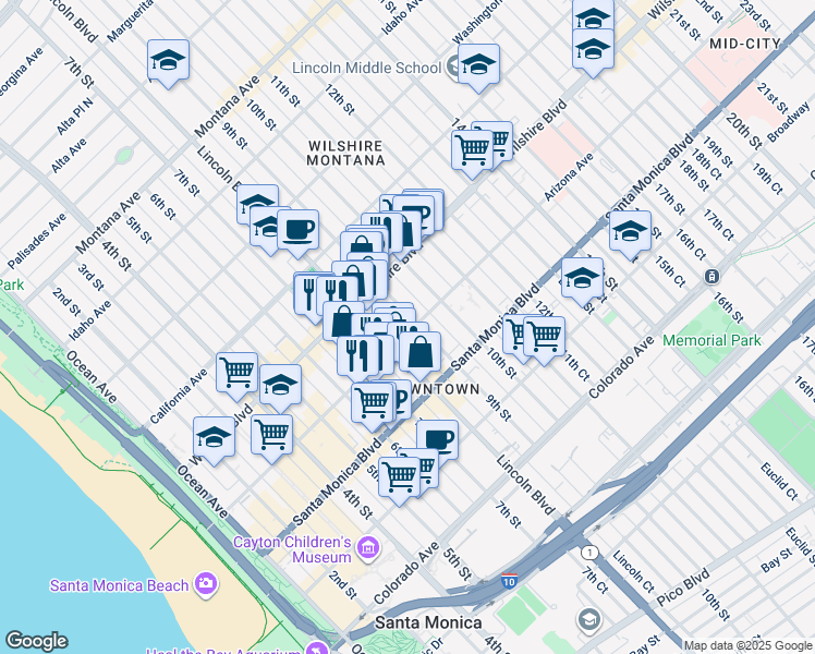 map of restaurants, bars, coffee shops, grocery stores, and more near 1264 Lincoln Court in Santa Monica